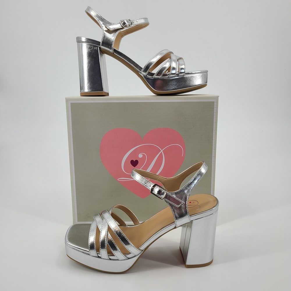 Delicious Silver Strappy Block Heels